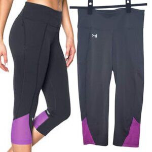 $10 SALE Under Armour Fly-By Running Capri Black Purple Colorblock Leggings S